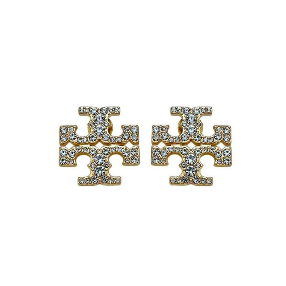 Tory Burch Gold Plated Double Pave Cross Stud Earrings